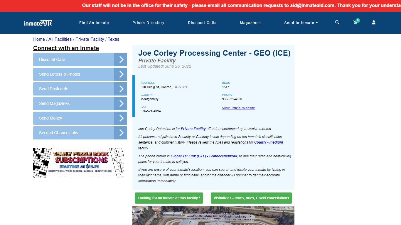 Joe Corley Processing Center - GEO (ICE) - Inmate Search ...